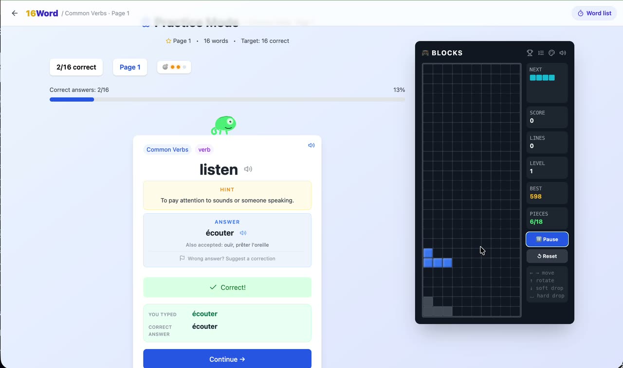 Pick a language pair, type the answer, take a Blocks break — in 10 seconds.